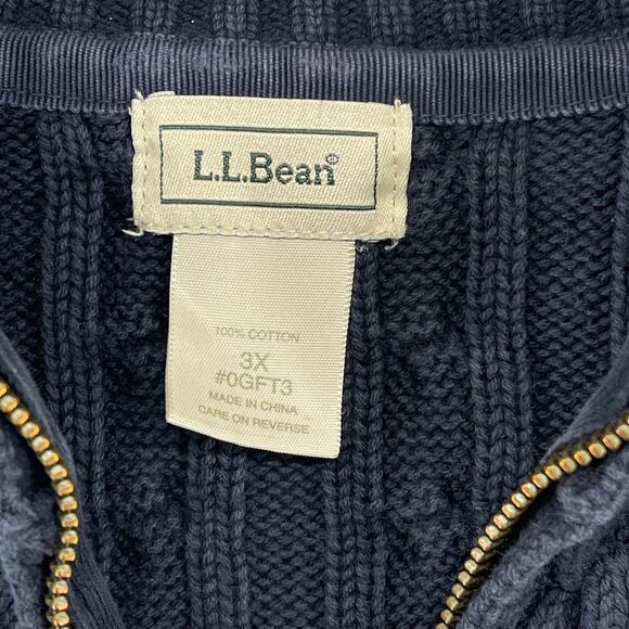 LL BEAN Sweater Womens 3X Plus Cable Knit Mock Neck Full Zip Cotton Blue - Picture 5 of 14